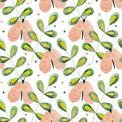 Seamless watercolor floral pattern with green leaves and butterflies on white background