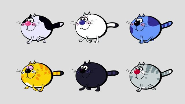 Cat walking cycle. Six different colour isolated cartoon cats characters with alpha channel. Cute children animation loop. Blinking eyes, fast moving synchronized legs, moving body.