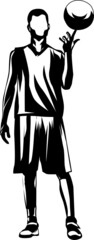 a silhouette illustration of a man playing a basketball.