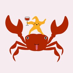 Vector illustration with dancing crab and yellow starfish with glass of red wine. Funny trendy print design with ocean animals
