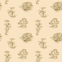Mushroom hand drawn seamless pattern. Isolated Sketch drawing on a wheat background. For fabric, sketchbook, wallpaper, wrapping paper.