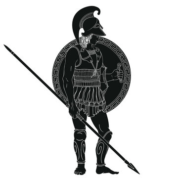 Ancient Greek warrior with a spears and shields in their hands. Figure isolated on white background.