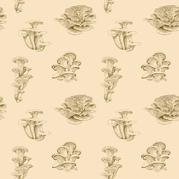 Mushroom hand drawn seamless pattern. Isolated Sketch drawing on a wheat background. For fabric, sketchbook, wallpaper, wrapping paper.