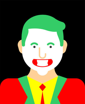 Clown in red suit and green hair. Sneaky grin. evil clown crazy