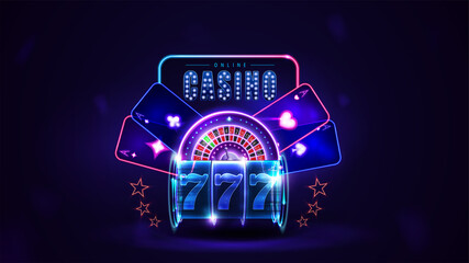 Online casino, neon sign with pink shine neon Casino Roulette wheel, playing cards and blue neon shine slot machine