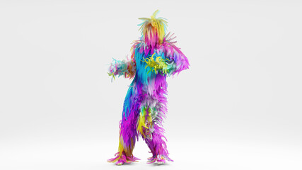 Bigfoot, hairy cartoon character Yeti walking or dancing. Colorful furry costume for child birthday, party celebration, carnival or halloween. Funny monster toy isolated on white background, 3d render