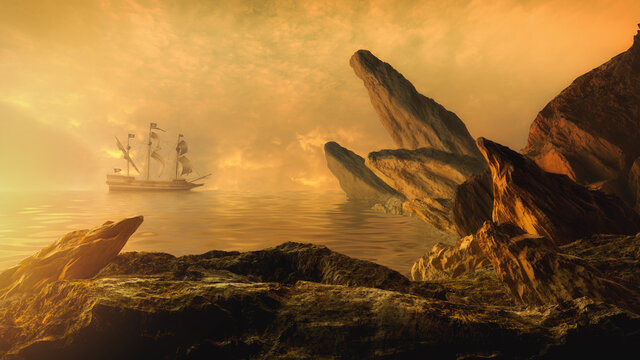 Fantasy landscape with galleon, water and stone.