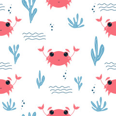 Funny cartoon crabs seamless pattern. Baby cute background with marine life. Repeat vector pattern in Scandinavian style. Hand drawn crabs.