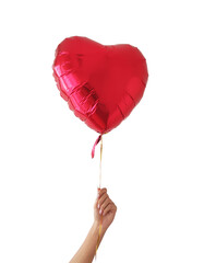 A hand holding a heart-shaped red glossy balloon on a white background