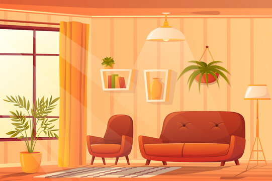 Living room interior concept in flat cartoon design. Apartment with couch and armchair, floor lamp, carpet, bookshelves, decor, plants and huge window with curtains. Illustration background