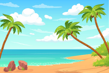 Fototapeta na wymiar Summer tropical island concept in flat cartoon design. Sandy beach with coconut palms and sea or ocean shore view. Summertime rest on seaside. Idyllic seascape scenery. Illustration background