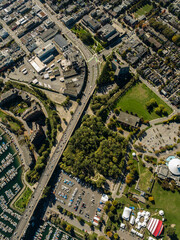 Fototapeta premium Stock aerial photo of Vanier Park Burrard Bridge Vancouver, Canada