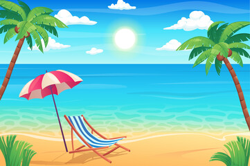 Fototapeta na wymiar Summertime rest on tropical island concept in flat cartoon design. Sandy beach with coconut palms, sunbed with umbrella, sea or ocean shore. Idyllic seascape scenery. Illustration background