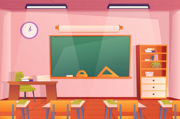 School classroom interior concept in flat cartoon design. Room and furniture wallpaper. Class with pupils desks, chairs, teachers desk, chalkboard, bookcase and decor. Illustration background