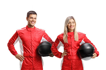 Male and female car racer in a red suit holding helmets - obrazy, fototapety, plakaty