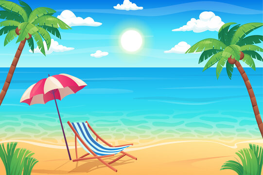 Summertime rest on tropical island concept in flat cartoon design. Sandy beach with coconut palms, sunbed with umbrella, sea or ocean shore. Idyllic seascape scenery. Illustration background