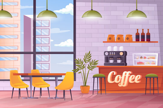 Coffee shop interior concept in flat cartoon design. Room with counter, coffee machine, shelf, showcase with desserts, table with chairs, window with skyscrapers view. Illustration background