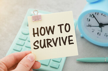 Notebook with Tools and Notes with text on blue sticker HOW TO SURVIVE