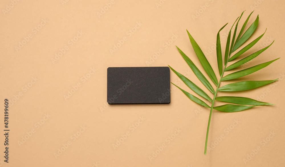 Poster a stack of rectangular black paper business cards and a leaf of a palm tree on a brown background. v