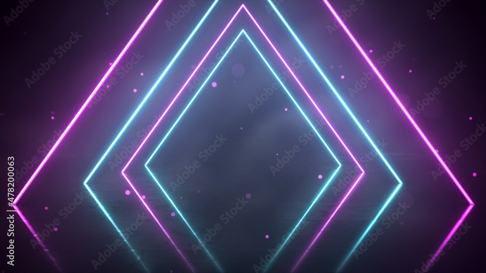 Poster 3d render of abstract pink and blue neon triangle light with glowing lines on dark background.