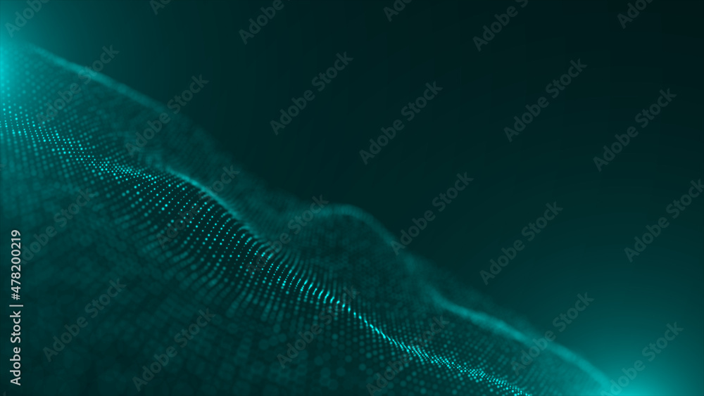 Poster futuristic grid wave of blue halftone digital dots data smooth seamless animation on dark with dim l