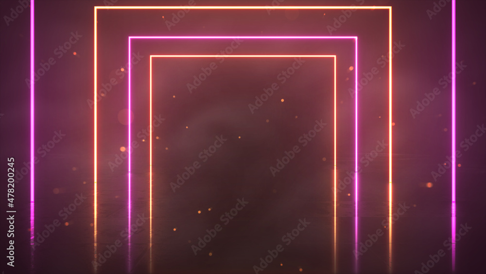 Poster futuristic sci-fi abstract orange and purple neon light shapes on black background and reflective co