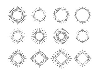set of explosive black sunrise doodle rays, sunburst, isolated fireworks for logo, emblem, tag, stamp, banner, vintage hand draw elements