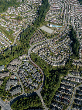 Stock aerial photo of housing developmement Westwood Plateau BC, Canada