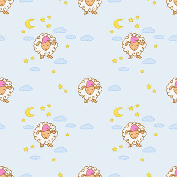 seamless pattern with hand-drawn Sheep, Clouds, Moon and stars