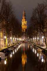 Western church on Prinsengracht canal in Amsterdam