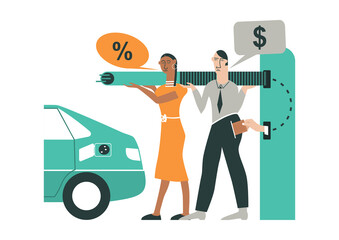 The cost of charging an electric car concept. Two people are trying to charge an electric car. Flat vector.