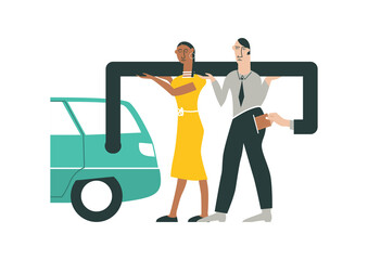 The cost of charging an electric car concept. Two people are trying to charge an electric car. Flat vector.