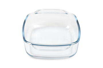 Glass baking tray on white background.