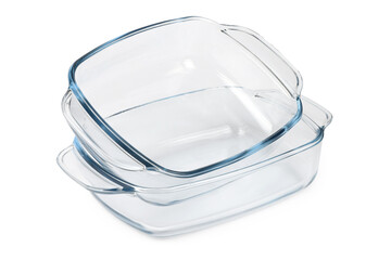 Glass baking tray on white background.