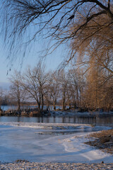 Ice covered river on a sunny day