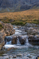 Close up of the Fairy Pools in Isle of Skye, Scotland, clear cold day, 2021