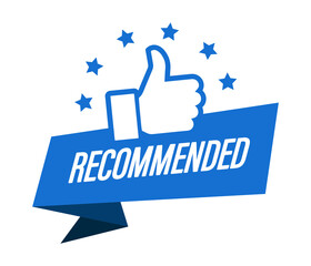 Recommend icon. Banner recommended with thumb up.  Best brand. Emblem. Vector illustration.