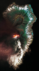 2021 Cumbre Vieja volcanic eruption, La Palma island, Canary Islands, Spain. satellite image....