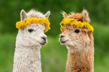 Two alpacas with dandelion flowers wreaths. South American camelid. - 478205287