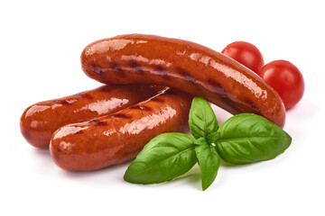 Roasted sausages with basil, isolated on white background.