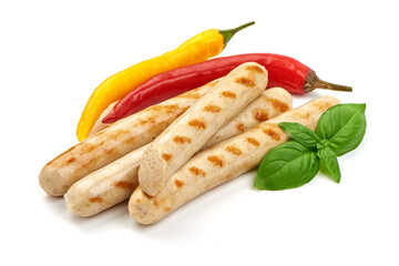 Roasted chicken sausages, isolated on white background.