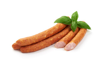 Smoked Sausages, dry meat, close-up, isolated on white background.