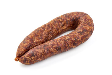 Air dried sausage circle, isolated on white background.
