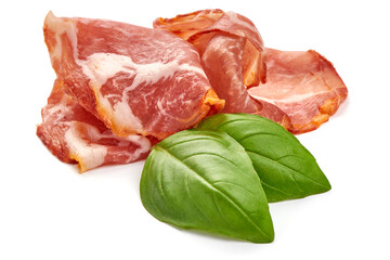 Spanish jamon iberico, serrano ham, isolated on white background.