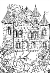 Сoloring book for adults and children with a medieval castle and peonies