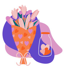 Hand drawn spring bouquet with flowers. Celebrating Valentine Day, Mother Day, March 8. Vector illustration isolated on a white background. Simple and cute style, doodle.