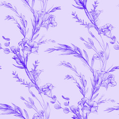 Botanical pattern with graphic eustoma flowers on a light purple background. Seamless print for women summer dresses textile and surface design