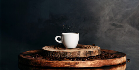 A cup of coffee with a splash of drops. Spilled coffee beans on the piece od wood.  Banner on dark...