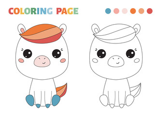 Coloring page with kawaii pony. Educational game for preschool children. Black and white line art horse. Colouring and colored designs. Cartoon animal on white background. Vector illustration.