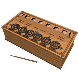 Pascaline. 3D illustration of a Mechanical Calculating Device, designed and created by the famous French Mathematician and Inventor Blaise Pascal. - obrazy, fototapety, plakaty